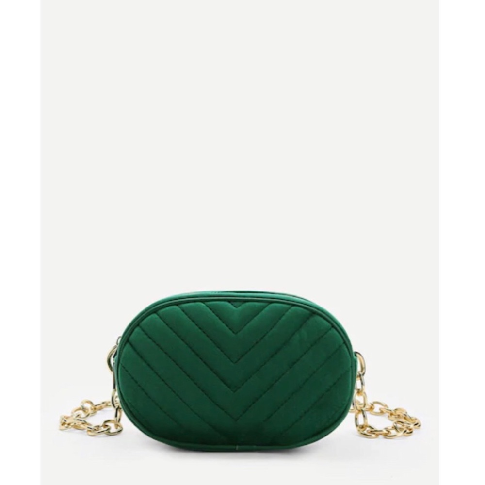 Chevron Detail Green Gold Chained Bag